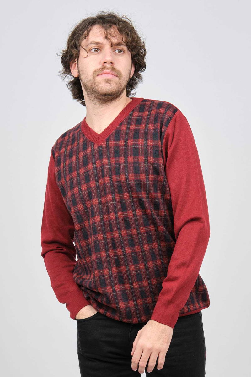 Desen Triko Erkek V Yaka Desenli Yün Kazak 0245532 Bordo - Desen Triko