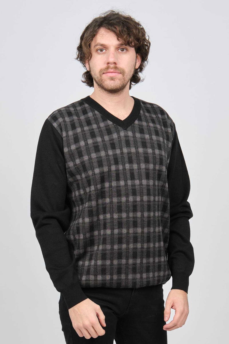 Desen Triko Erkek V Yaka Desenli Yün Kazak 0245532 Siyah - Desen Triko