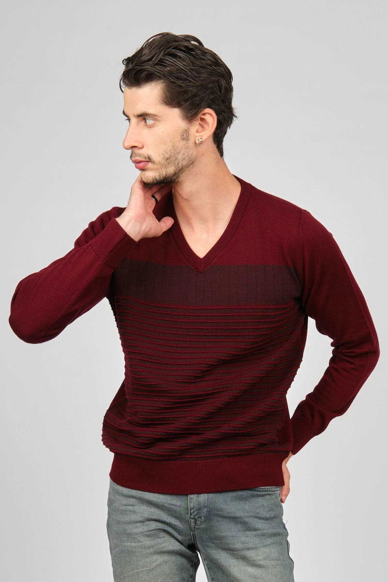 Desen Triko Erkek V Yaka Desenli Yün Kazak 0249640 Bordo - Desen Triko