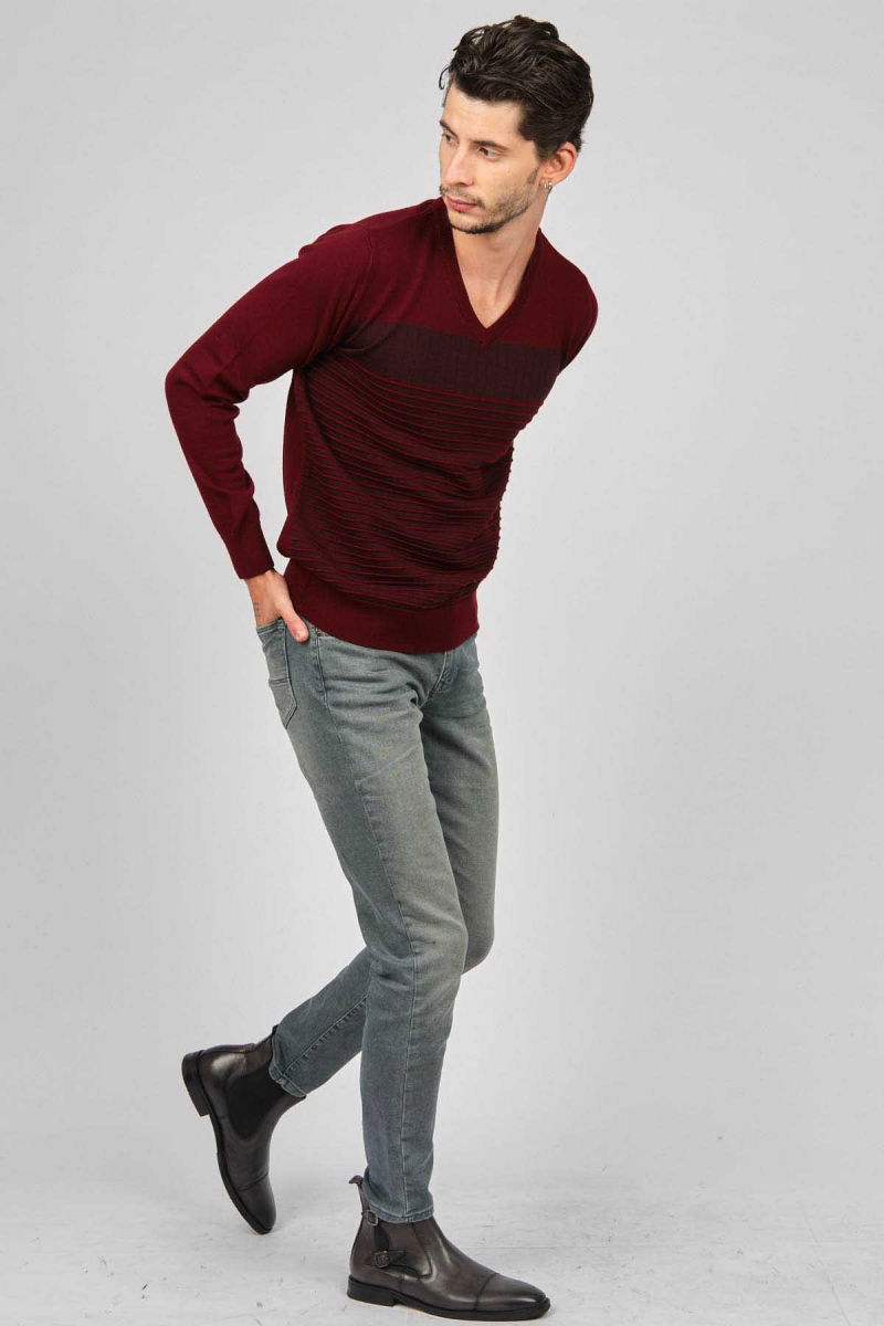 Desen Triko Erkek V Yaka Desenli Yün Kazak 0249640 Bordo - 2