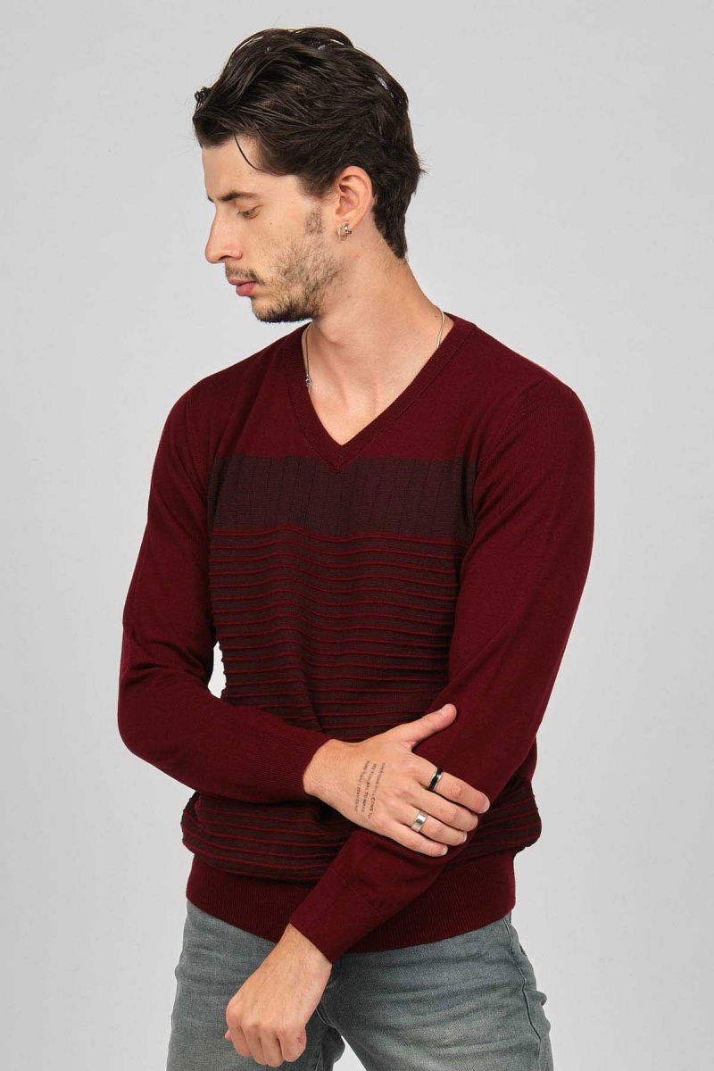 Desen Triko Erkek V Yaka Desenli Yün Kazak 0249640 Bordo - 3
