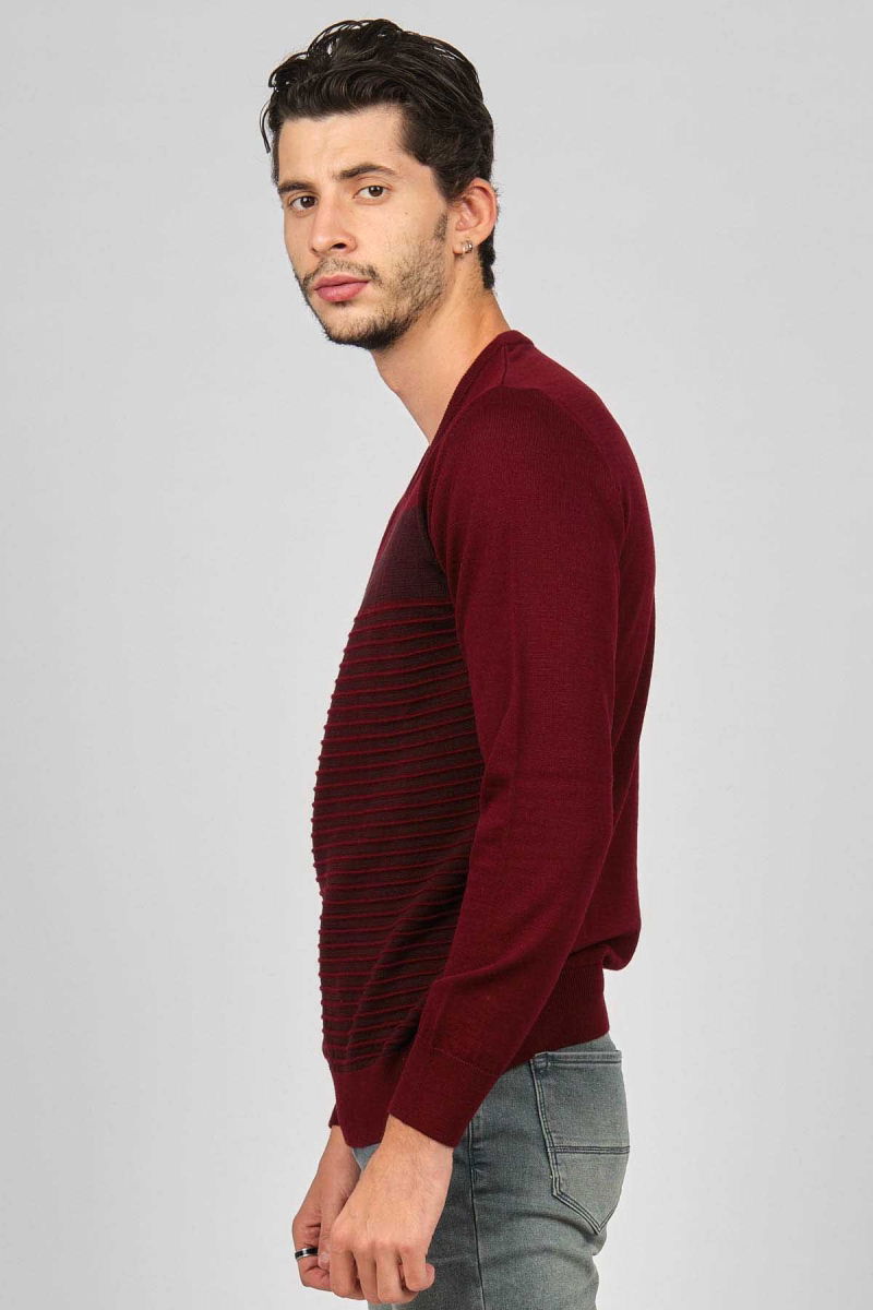 Desen Triko Erkek V Yaka Desenli Yün Kazak 0249640 Bordo - 4