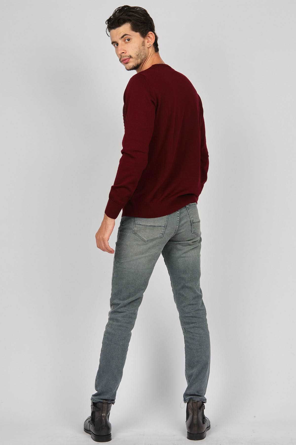 Desen Triko Erkek V Yaka Desenli Yün Kazak 0249640 Bordo - 5