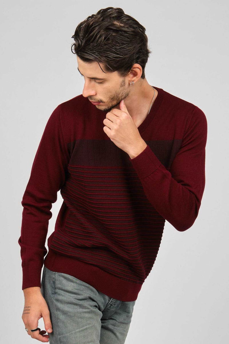 Desen Triko Erkek V Yaka Desenli Yün Kazak 0249640 Bordo - 6