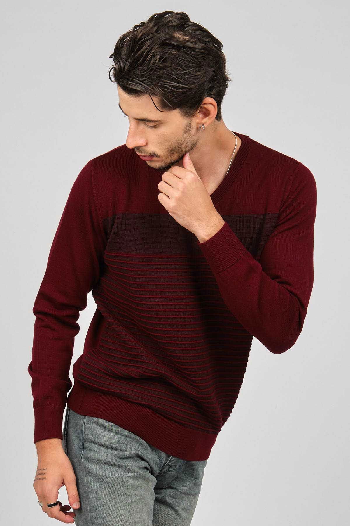 Desen Triko Erkek V Yaka Desenli Yün Kazak 0249640 Bordo - 6