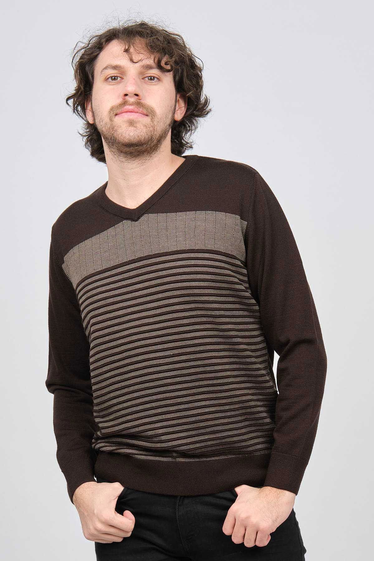 Desen Triko Erkek V Yaka Desenli Yün Kazak 0249640 Kahverengi - 1