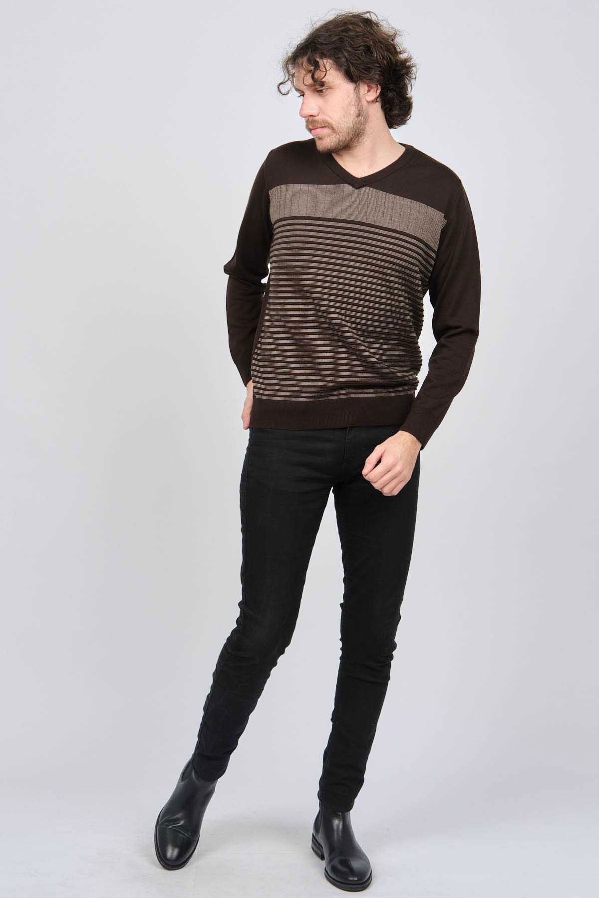 Desen Triko Erkek V Yaka Desenli Yün Kazak 0249640 Kahverengi - 2