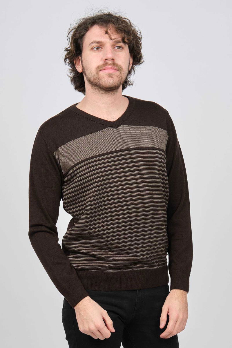 Desen Triko Erkek V Yaka Desenli Yün Kazak 0249640 Kahverengi - 3