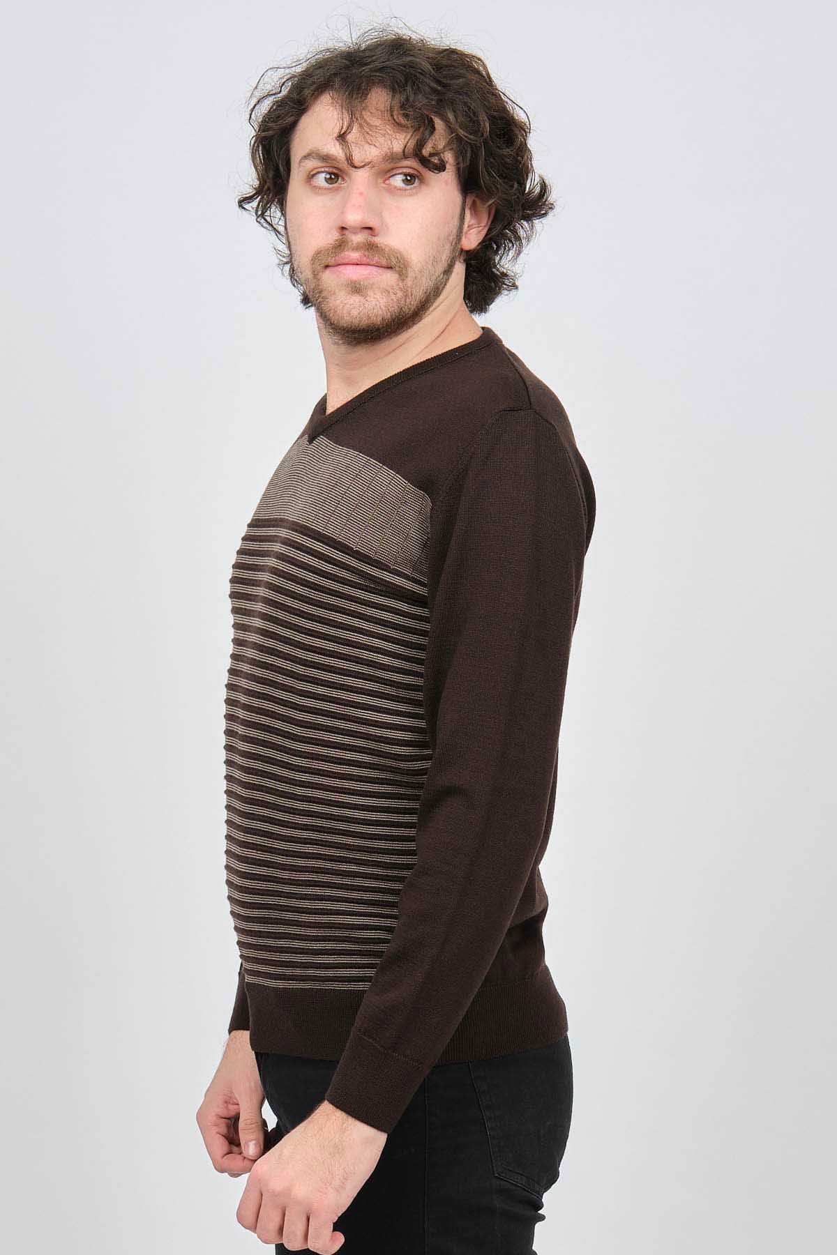 Desen Triko Erkek V Yaka Desenli Yün Kazak 0249640 Kahverengi - 4