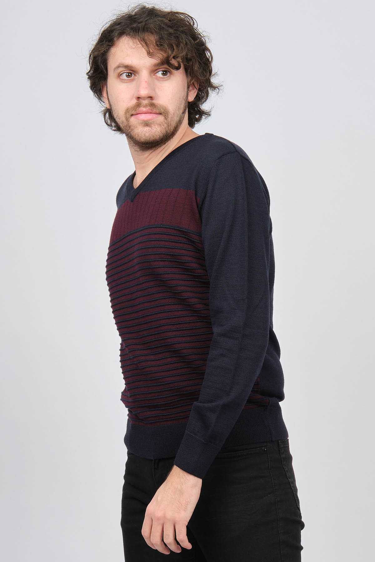 Desen Triko Erkek V Yaka Desenli Yün Kazak 0249640 Lacivert - 1