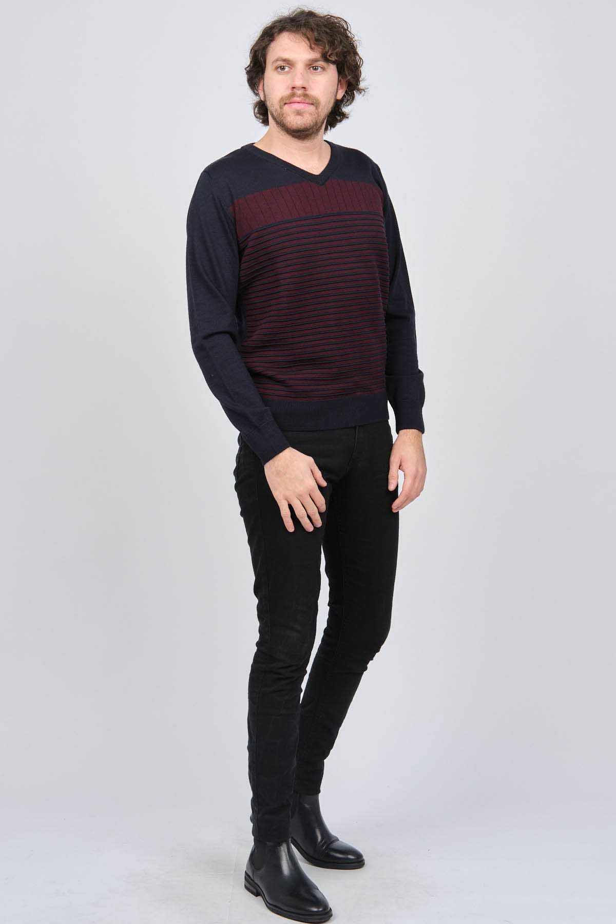 Desen Triko Erkek V Yaka Desenli Yün Kazak 0249640 Lacivert - 2