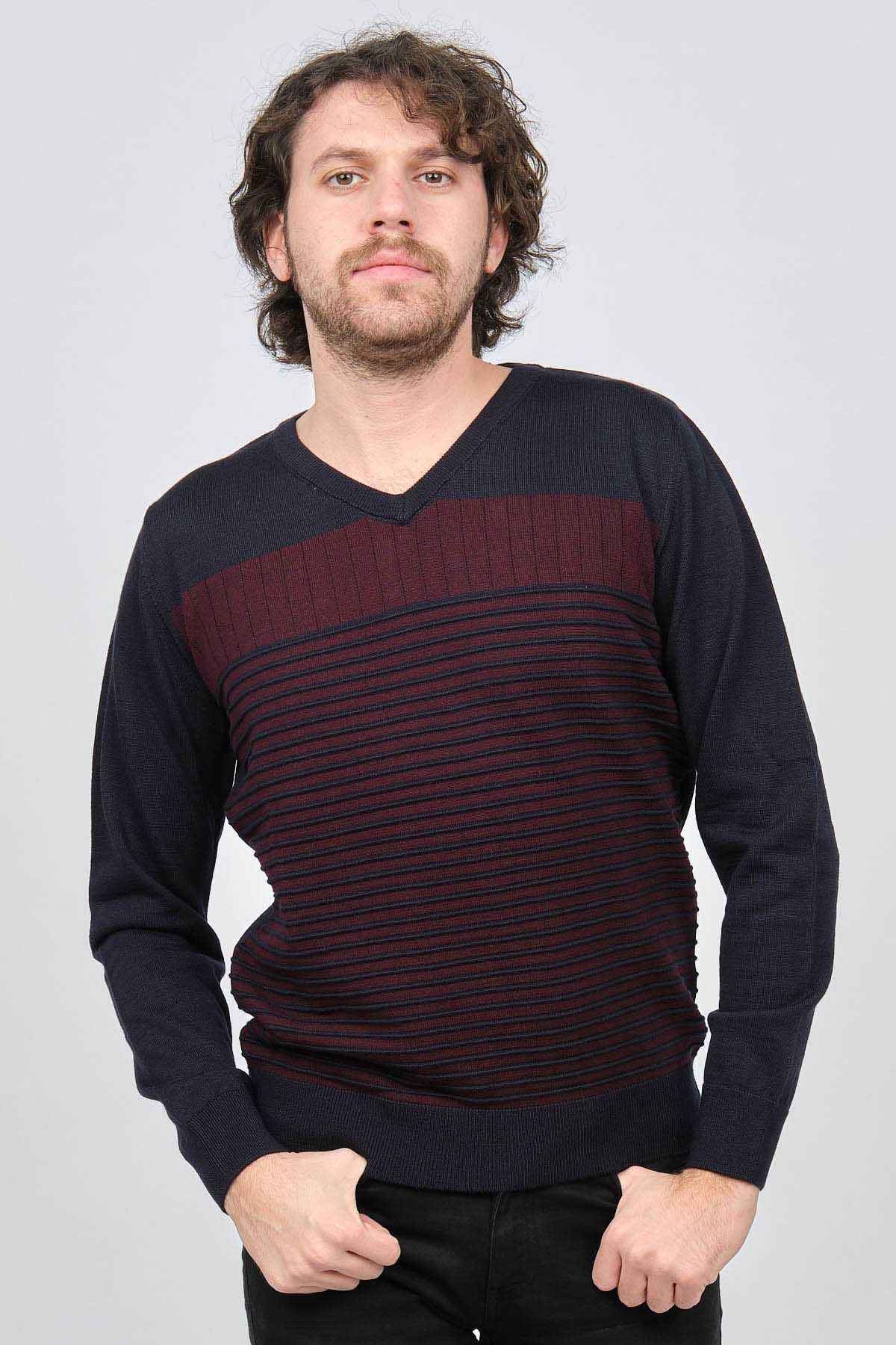 Desen Triko Erkek V Yaka Desenli Yün Kazak 0249640 Lacivert - 3