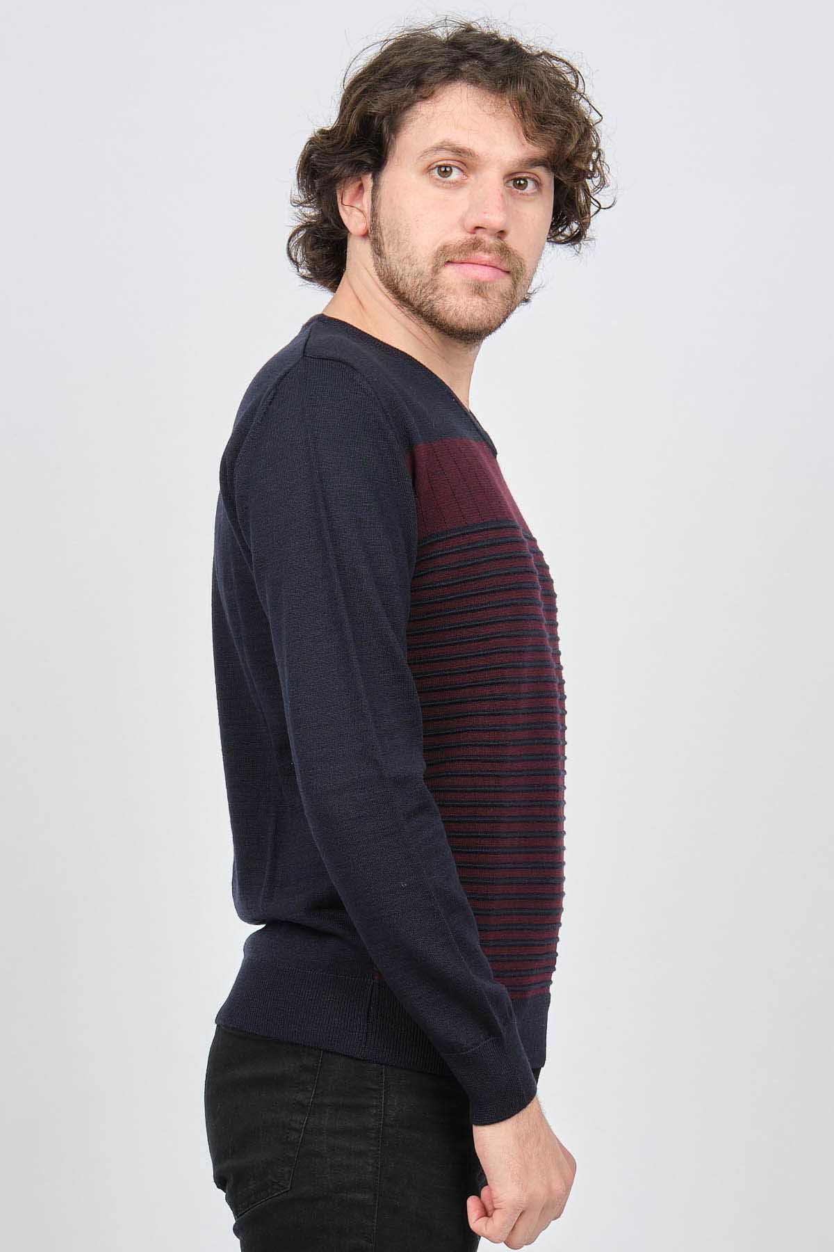 Desen Triko Erkek V Yaka Desenli Yün Kazak 0249640 Lacivert - 4