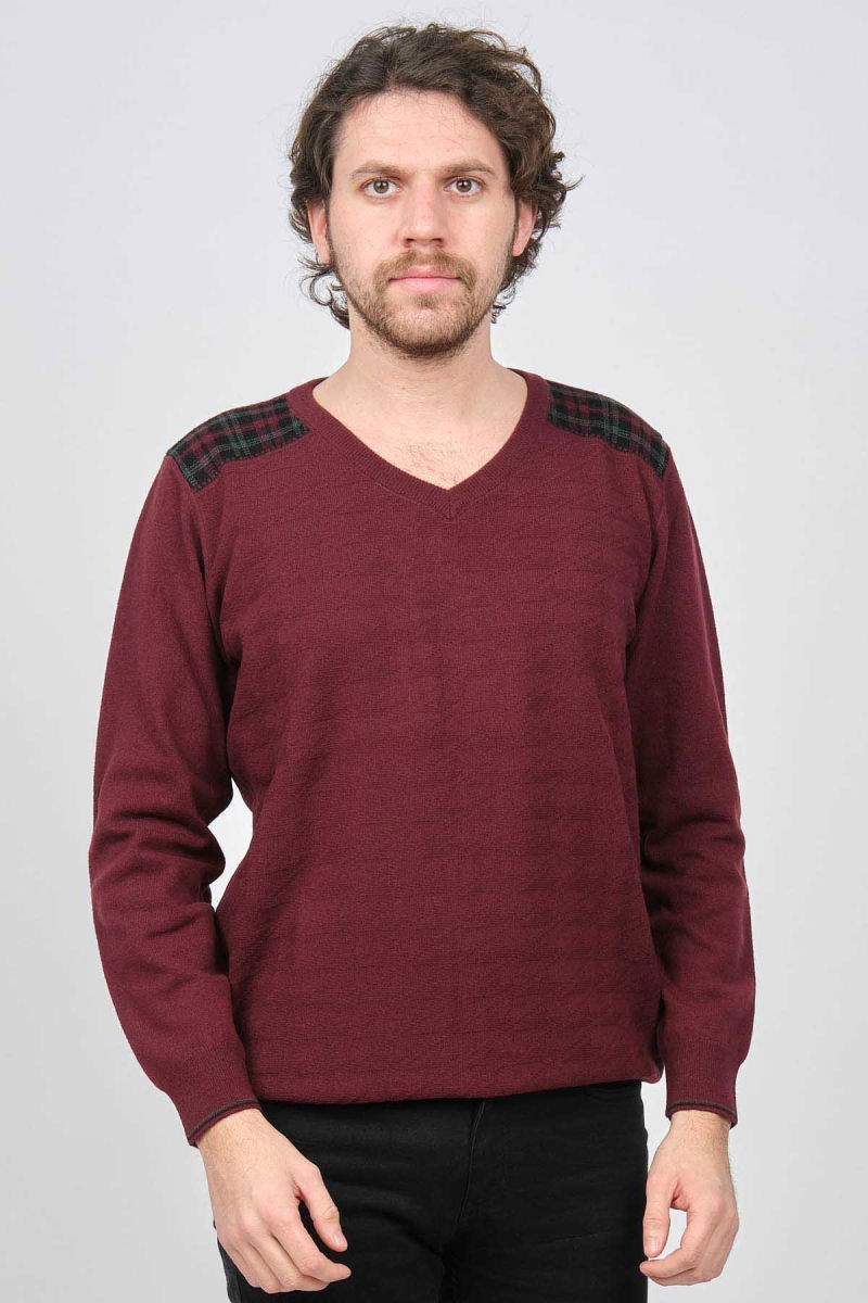 Desen Triko Erkek V Yaka Saf Yün Kazak 0246538 Bordo - Desen Triko