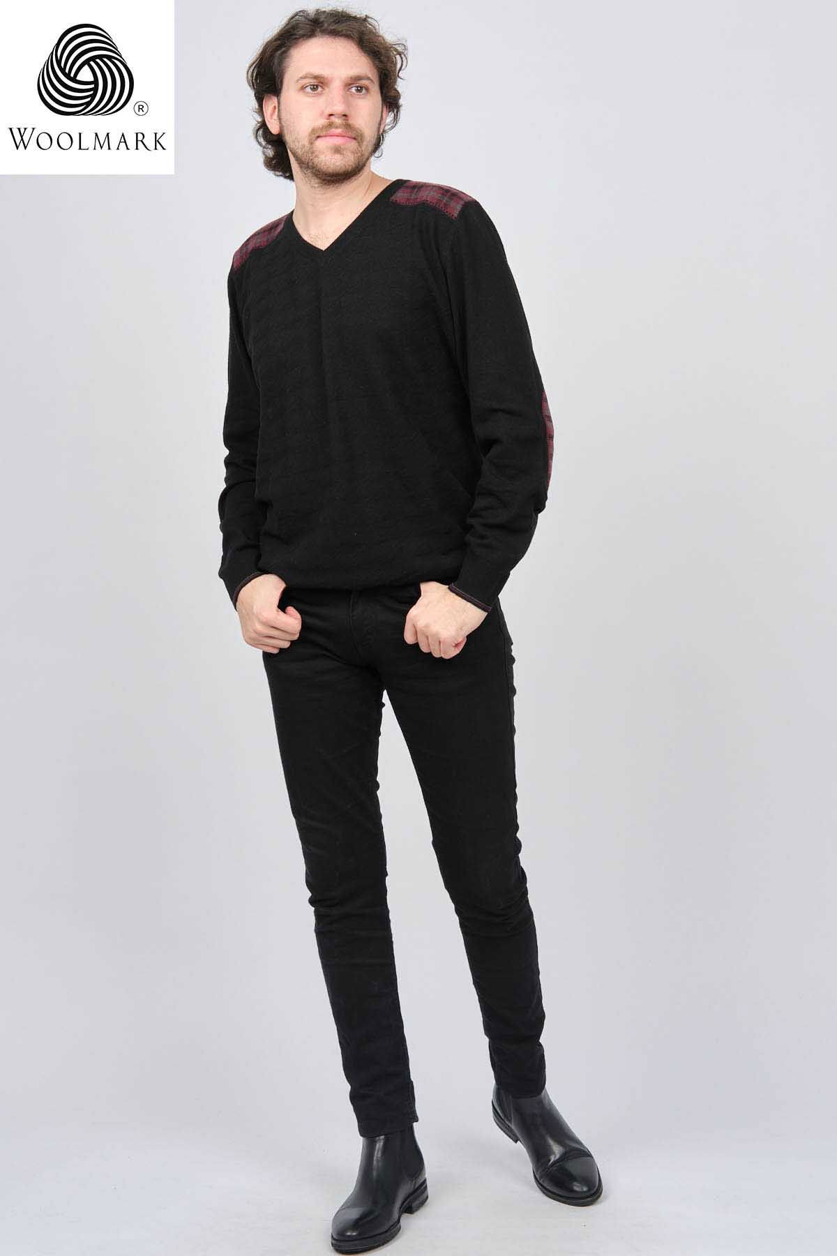 Desen Triko Erkek V Yaka Saf Yün Kazak 0246538 Siyah - 2
