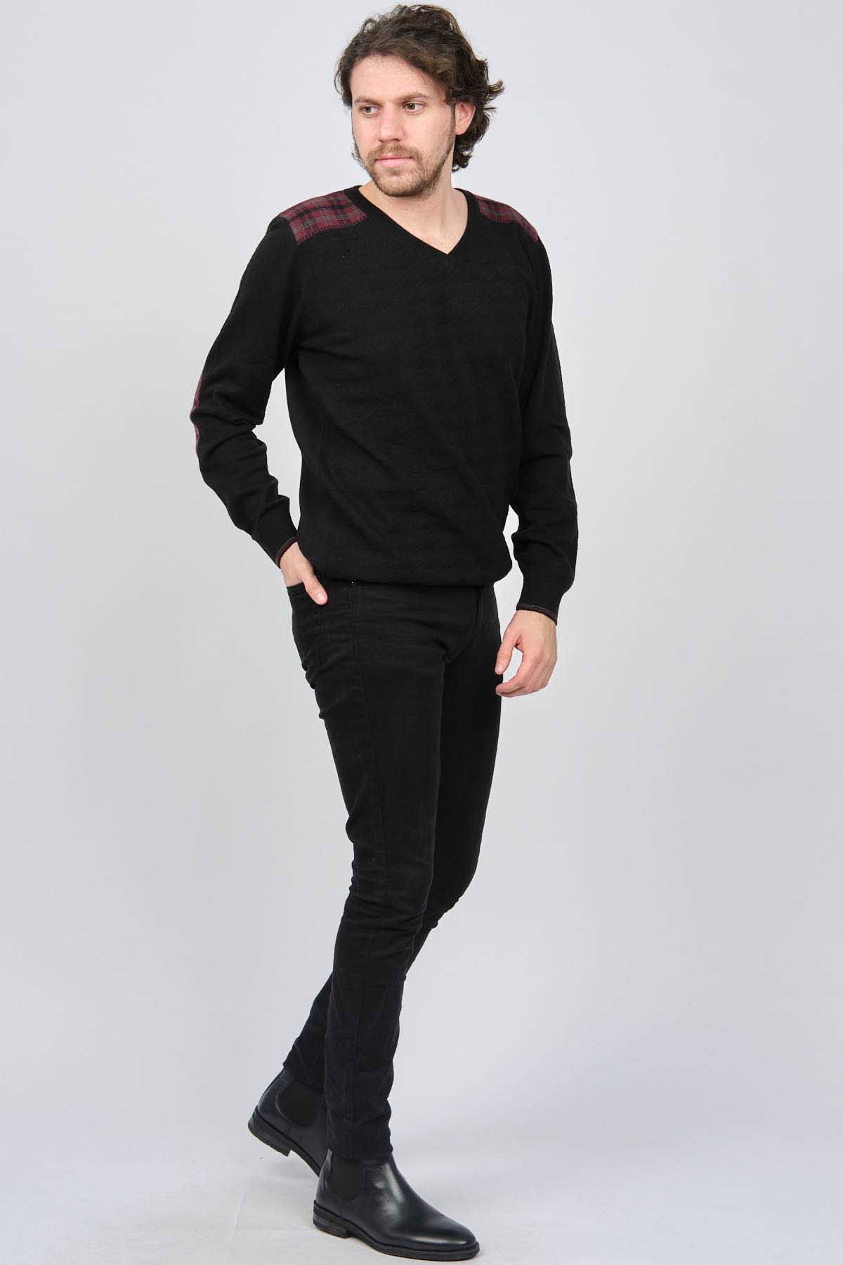 Desen Triko Erkek V Yaka Saf Yün Kazak 0246538 Siyah - 3