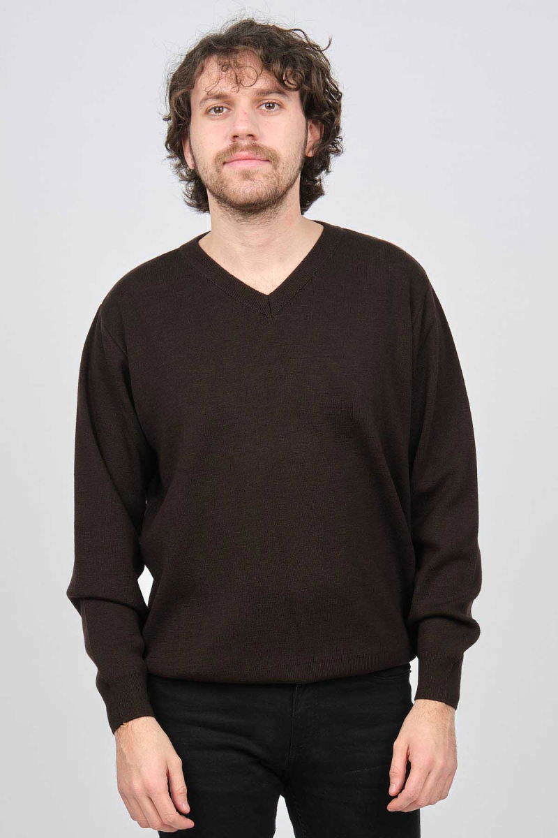 Desen Triko Erkek V Yaka Yün Kazak 0246516 Kahverengi - Desen Triko