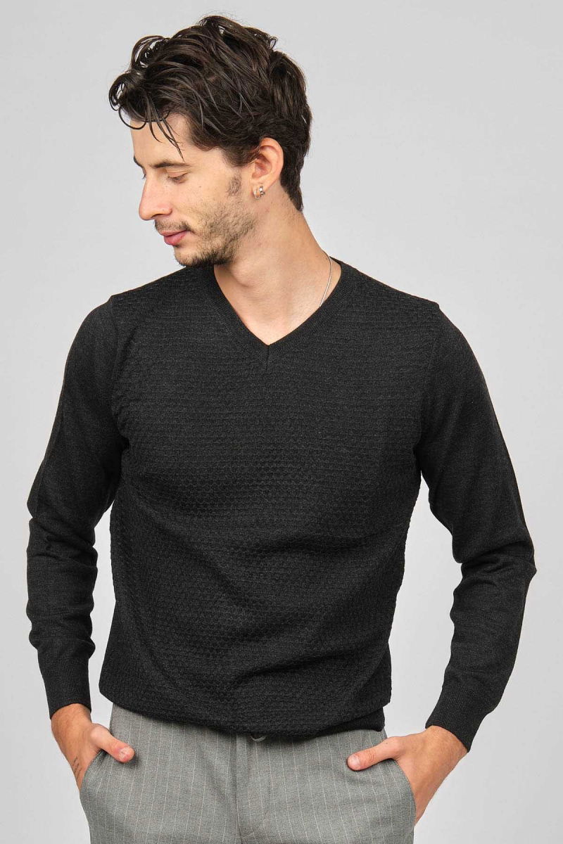 Desen Triko Erkek V Yaka Yün Kazak 0249617 Füme - Desen Triko