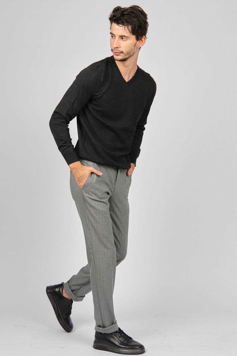 Desen Triko Erkek V Yaka Yün Kazak 0249617 Füme - 2