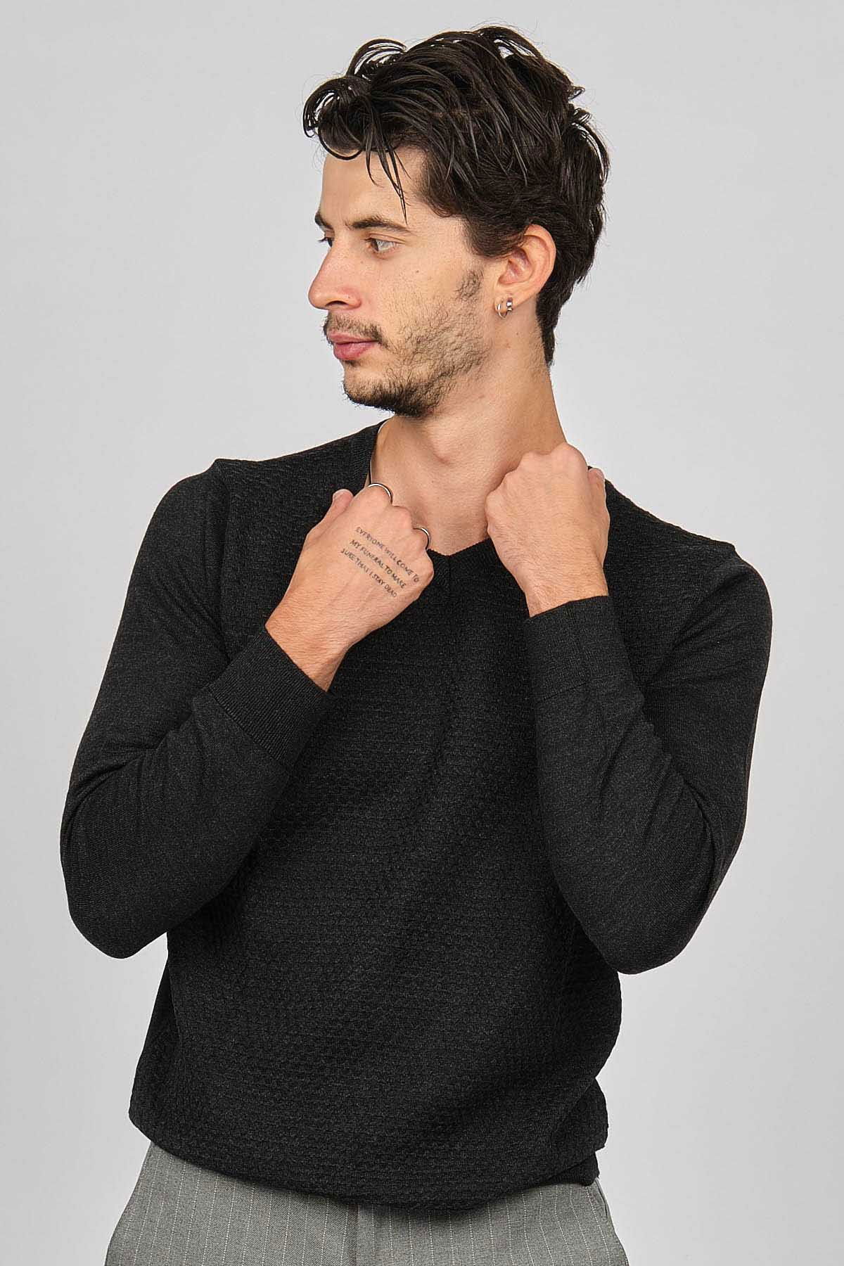 Desen Triko Erkek V Yaka Yün Kazak 0249617 Füme - 3