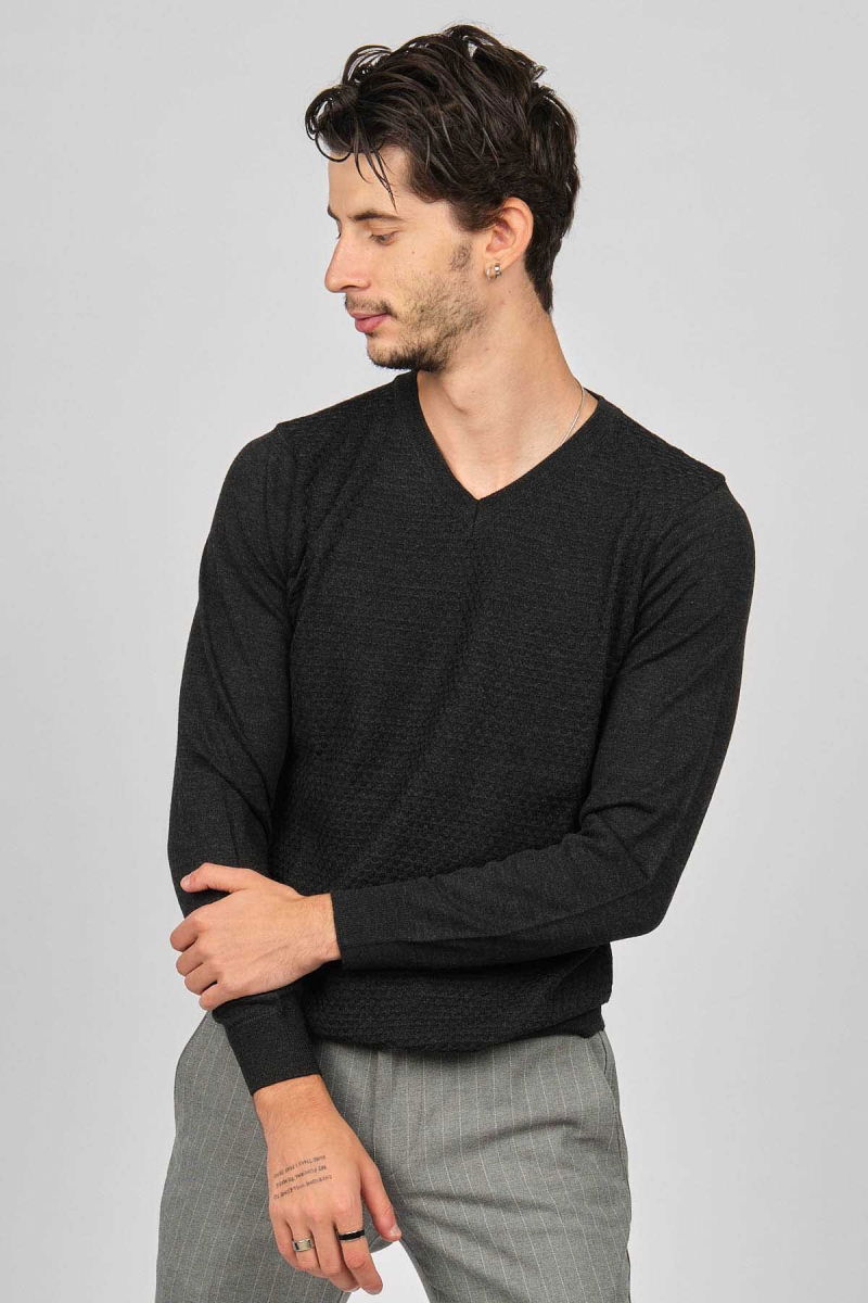 Desen Triko Erkek V Yaka Yün Kazak 0249617 Füme - 4