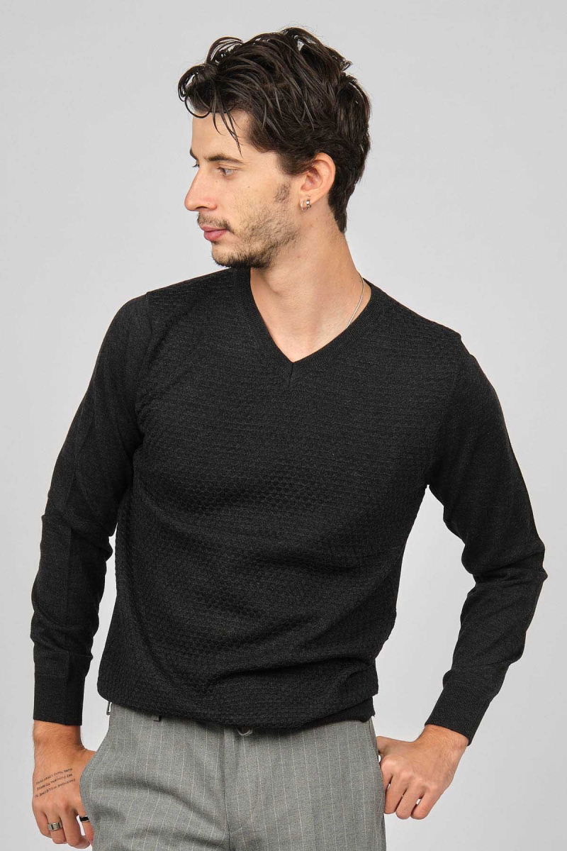 Desen Triko Erkek V Yaka Yün Kazak 0249617 Füme - 6