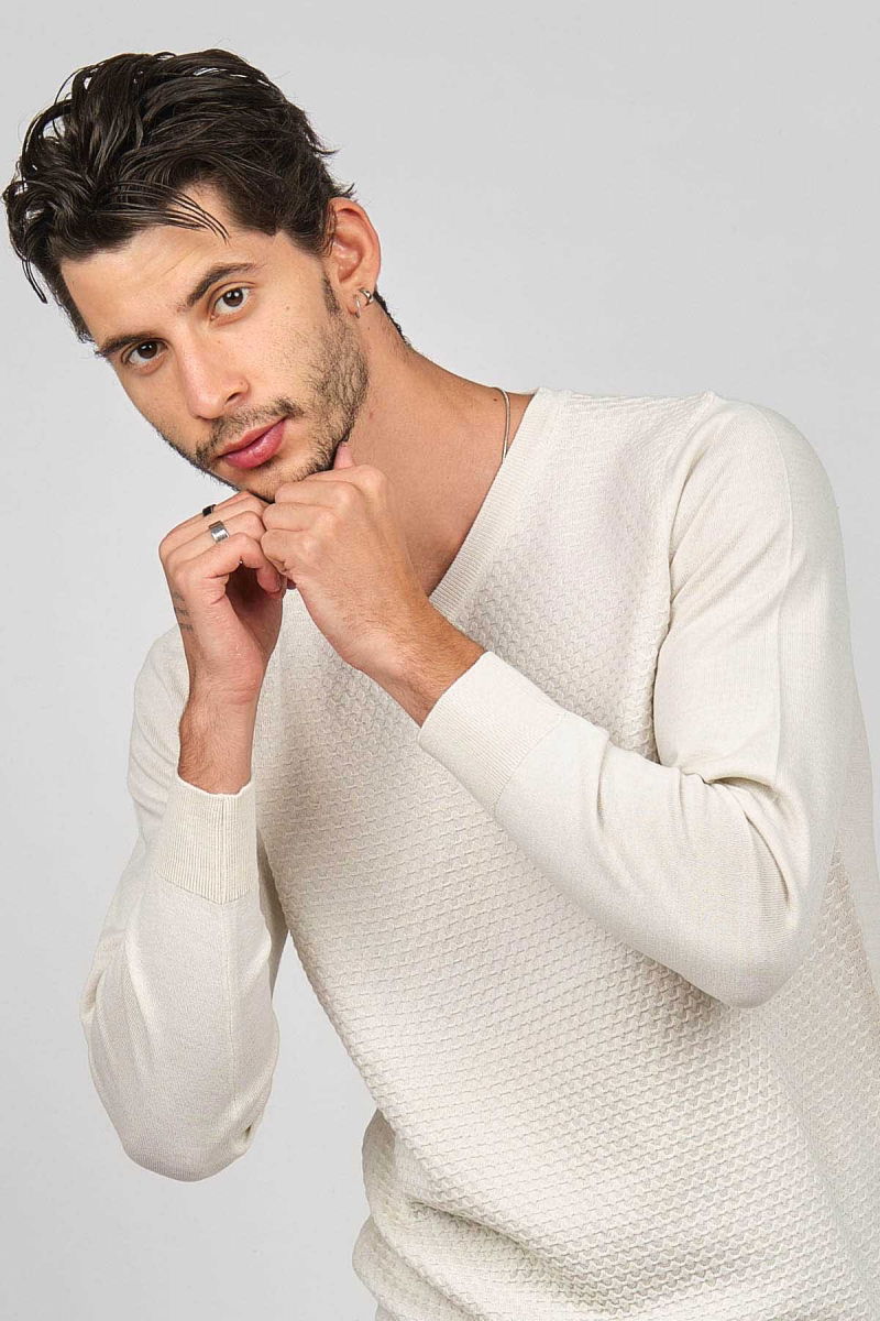 Desen Triko Erkek V Yaka Yün Kazak 0249617 Kemik - Desen Triko