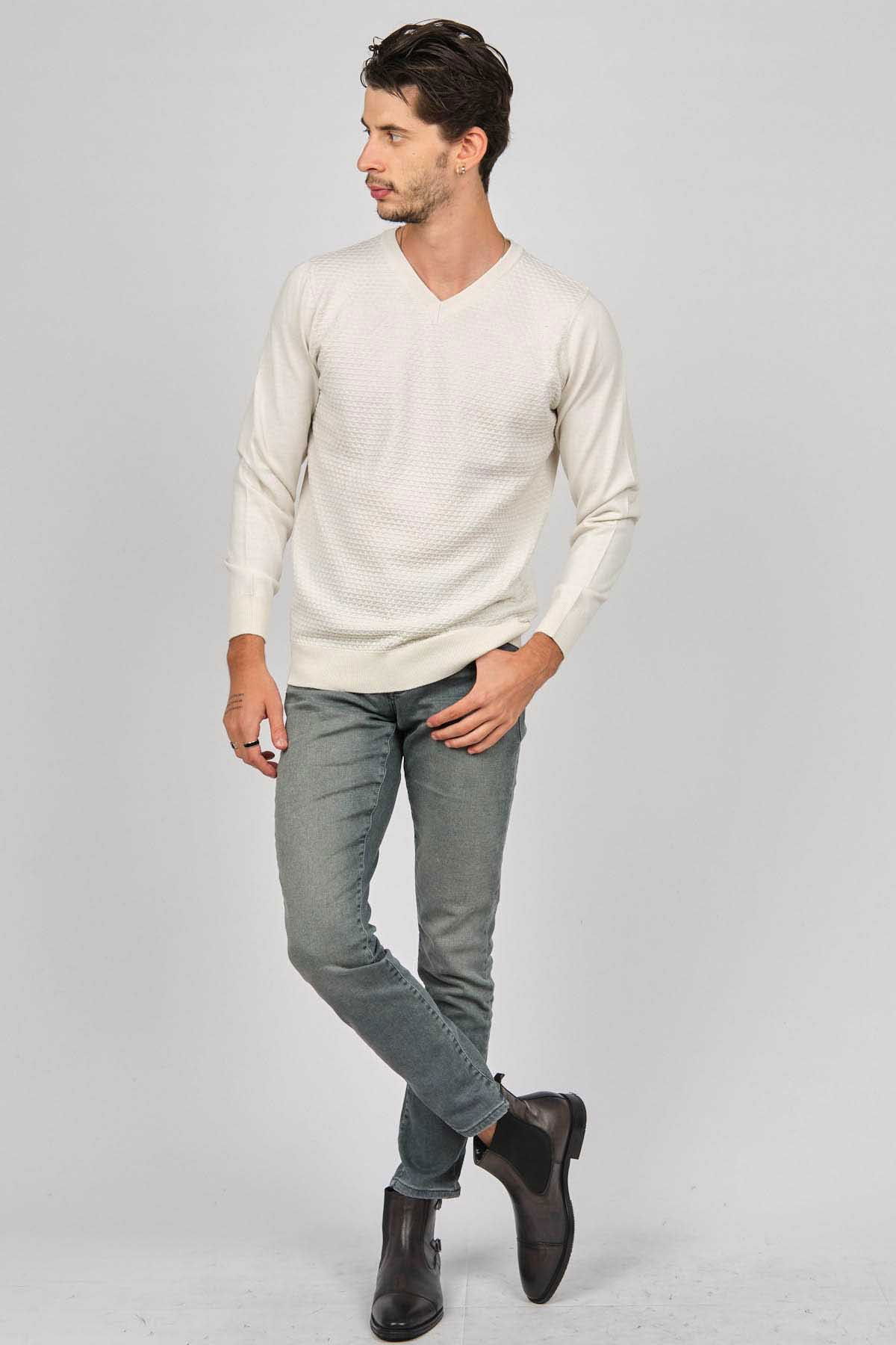 Desen Triko Erkek V Yaka Yün Kazak 0249617 Kemik - 2