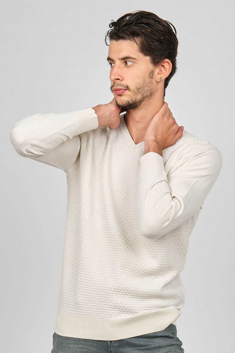 Desen Triko Erkek V Yaka Yün Kazak 0249617 Kemik - 3