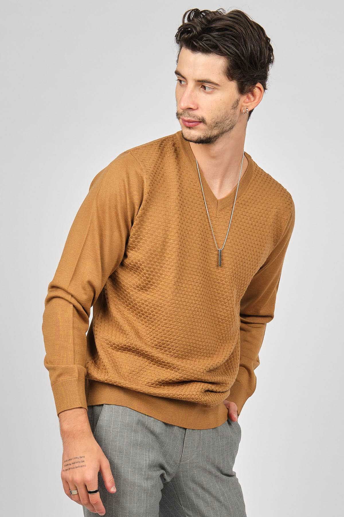 Desen Triko Erkek V Yaka Yün Kazak 0249617 Taba - 1