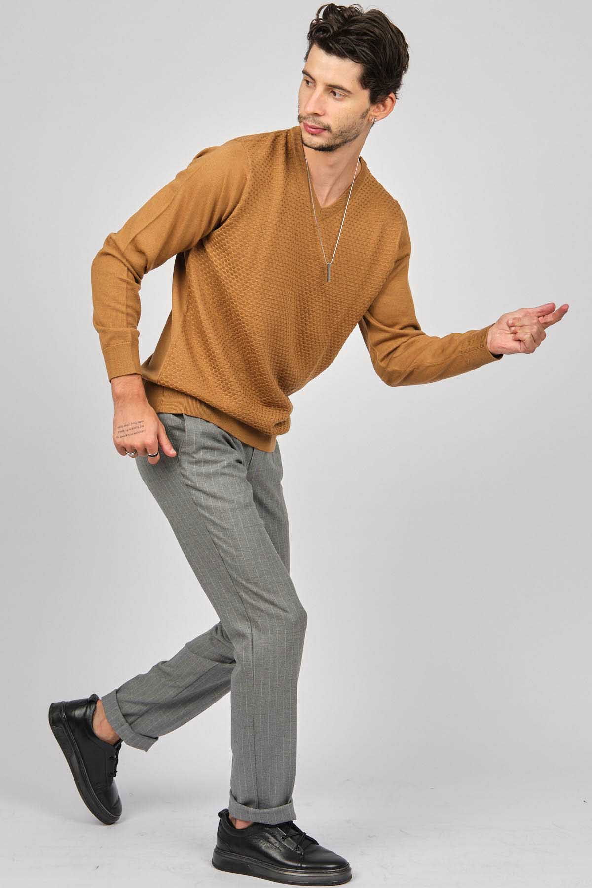 Desen Triko Erkek V Yaka Yün Kazak 0249617 Taba - 2