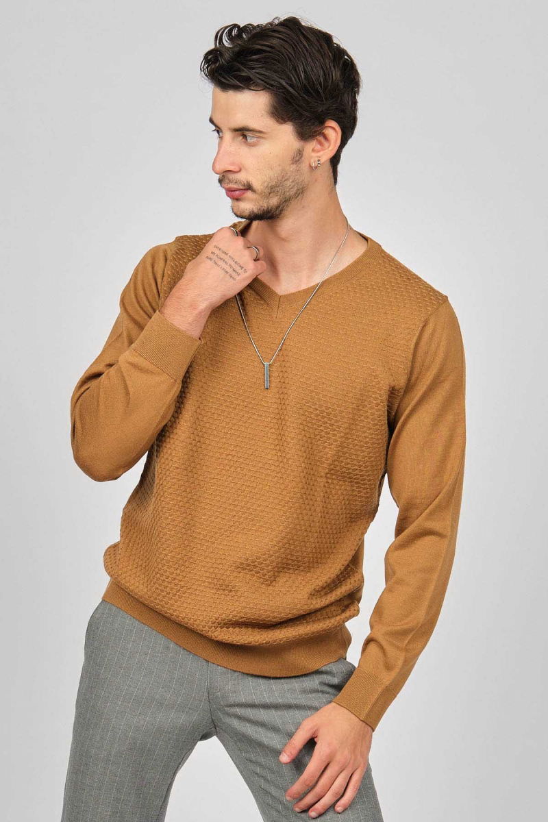 Desen Triko Erkek V Yaka Yün Kazak 0249617 Taba - 3