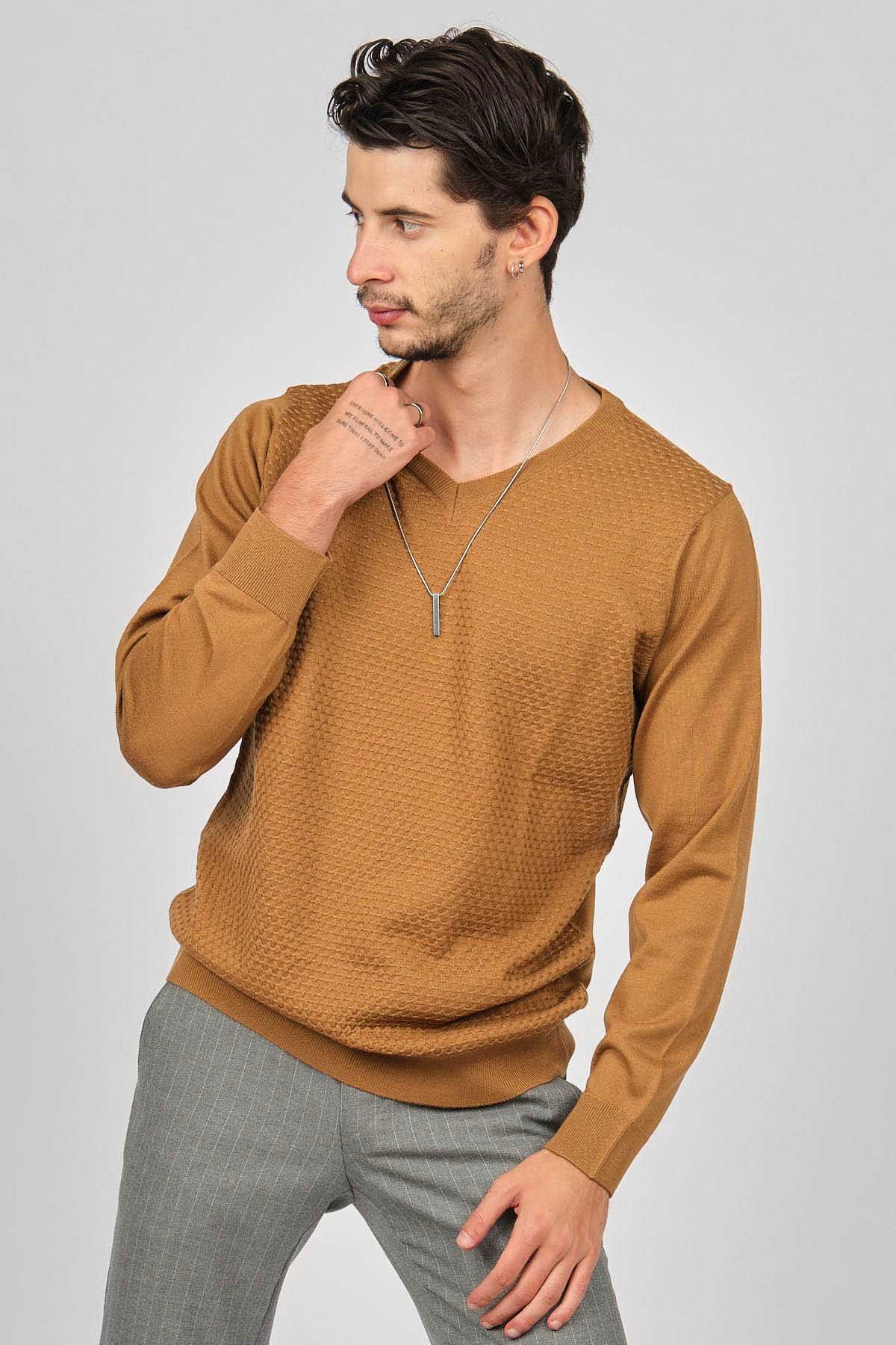 Desen Triko Erkek V Yaka Yün Kazak 0249617 Taba - 3