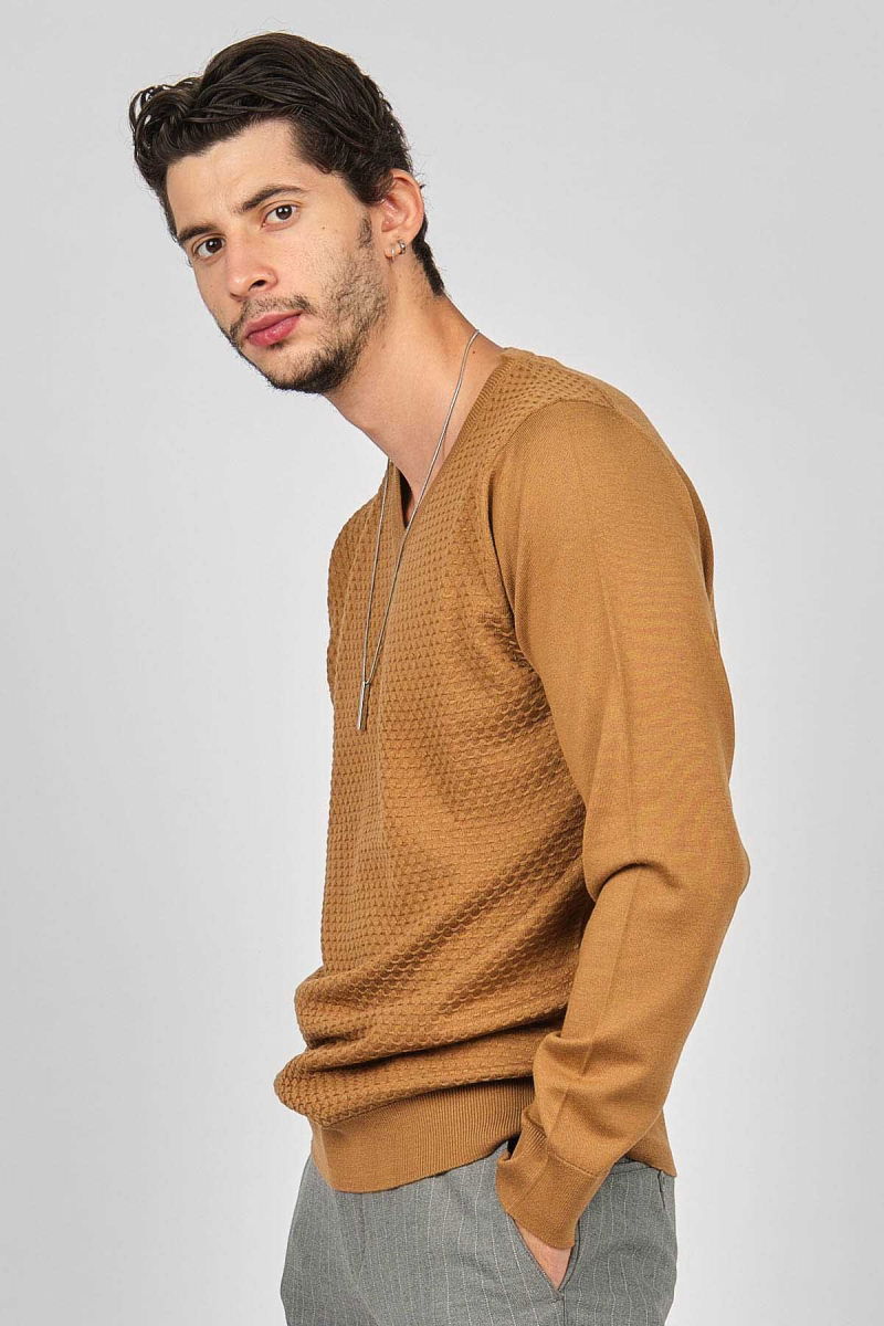 Desen Triko Erkek V Yaka Yün Kazak 0249617 Taba - 4