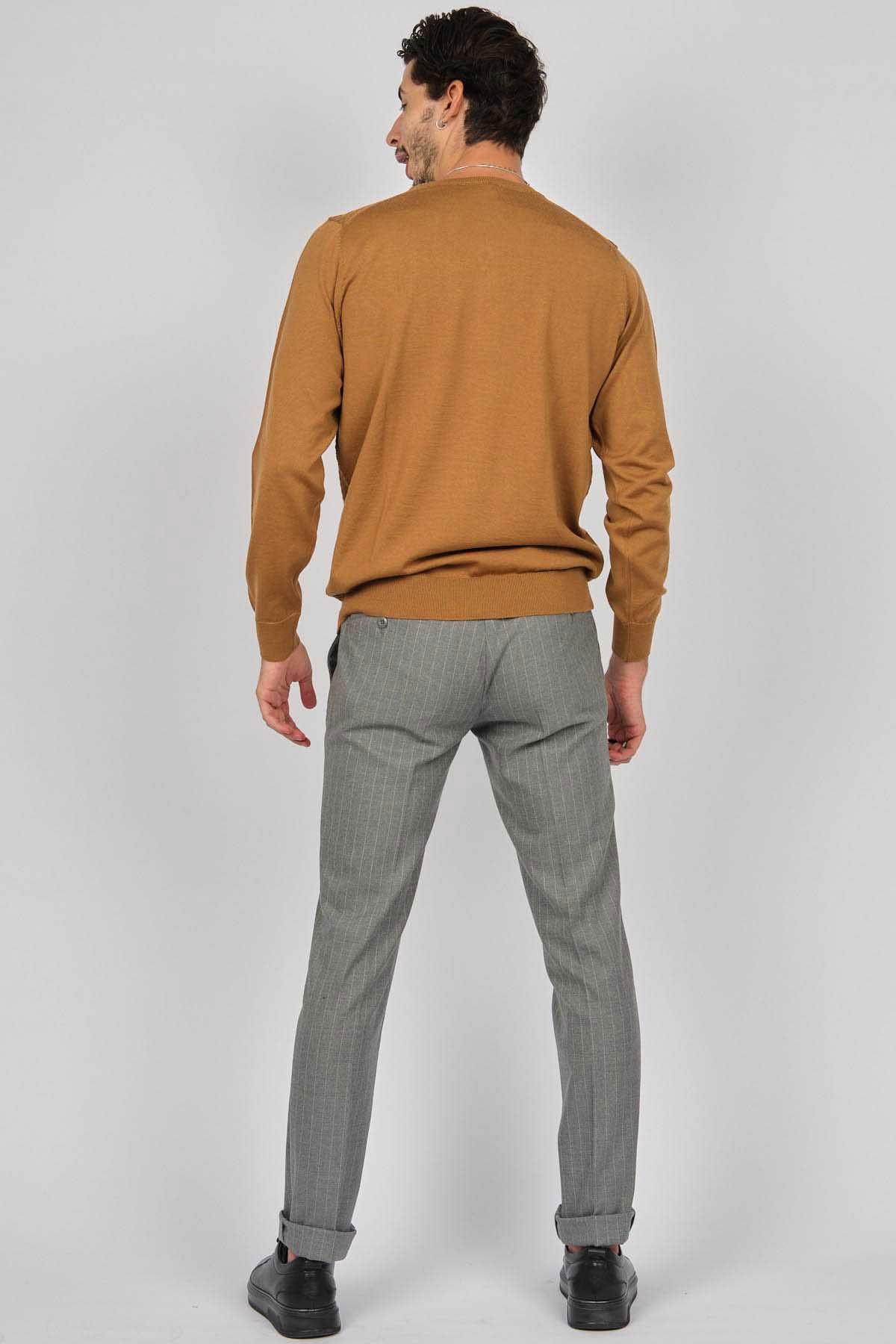 Desen Triko Erkek V Yaka Yün Kazak 0249617 Taba - 5