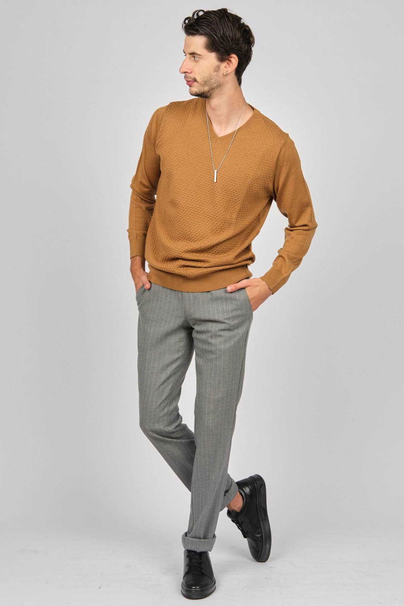 Desen Triko Erkek V Yaka Yün Kazak 0249617 Taba - 6