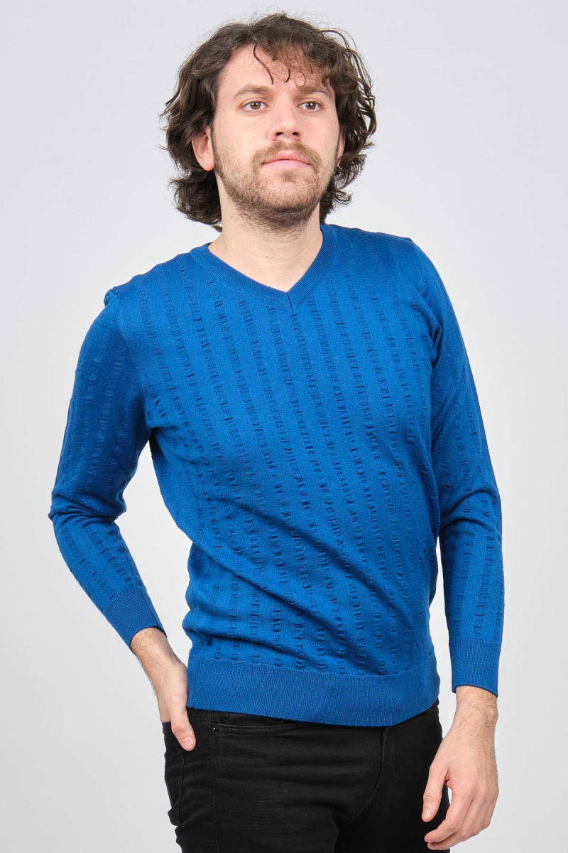 Desen Triko Erkek V Yaka Yün Kazak 0249626 Saks - 1