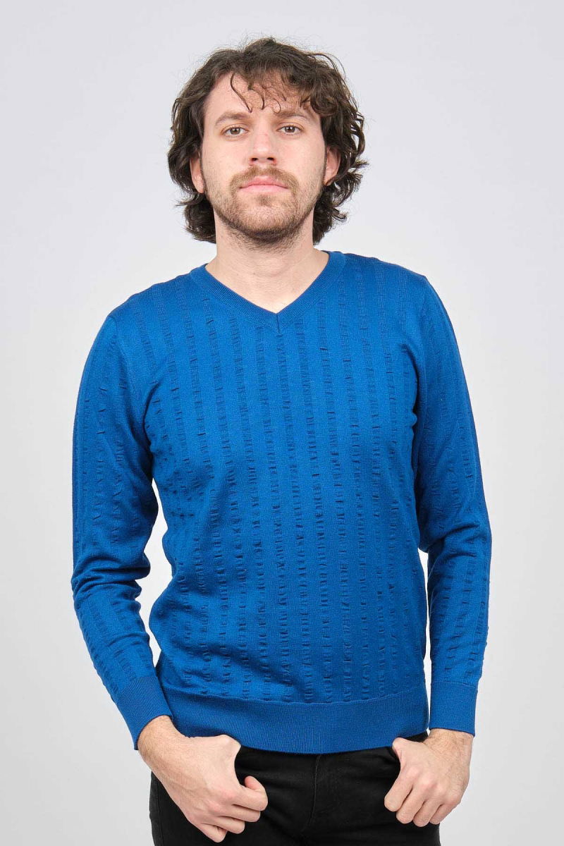 Desen Triko Erkek V Yaka Yün Kazak 0249626 Saks - 2