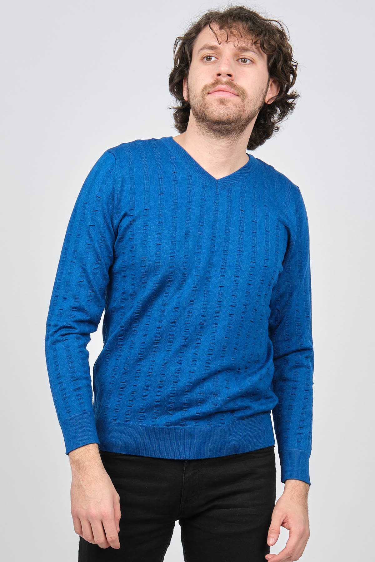 Desen Triko Erkek V Yaka Yün Kazak 0249626 Saks - 6