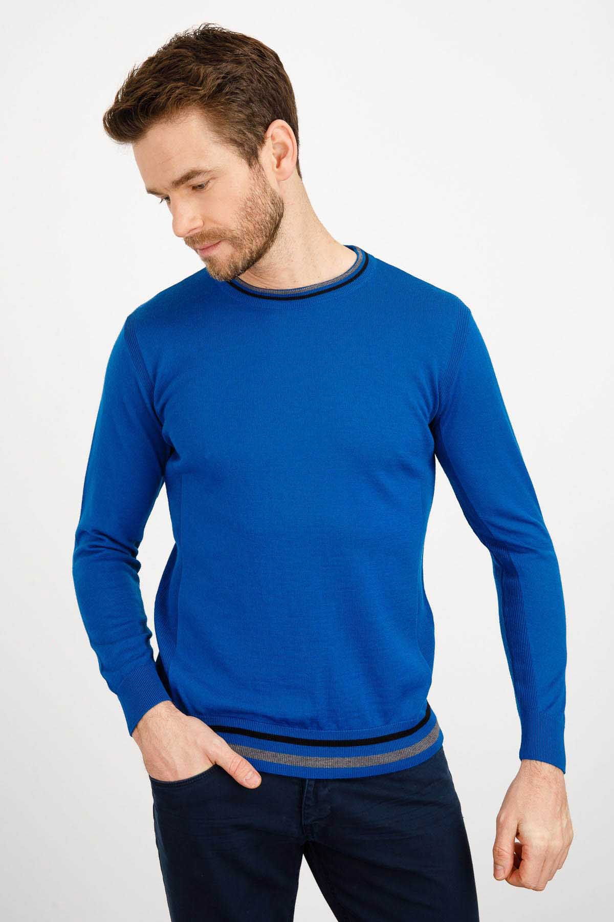 Desen Triko Erkek Yaka Kenarı Çizgili Bisiklet Yaka Yün Kazak 02421612 Saks - 1