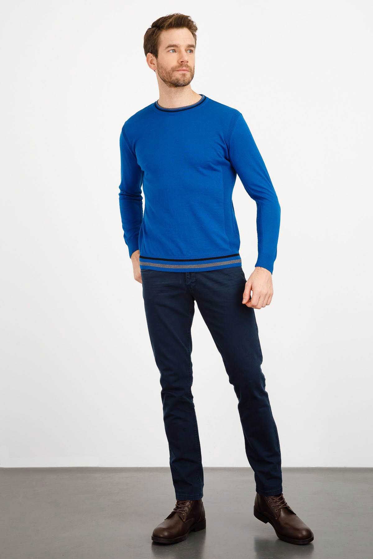 Desen Triko Erkek Yaka Kenarı Çizgili Bisiklet Yaka Yün Kazak 02421612 Saks - 2