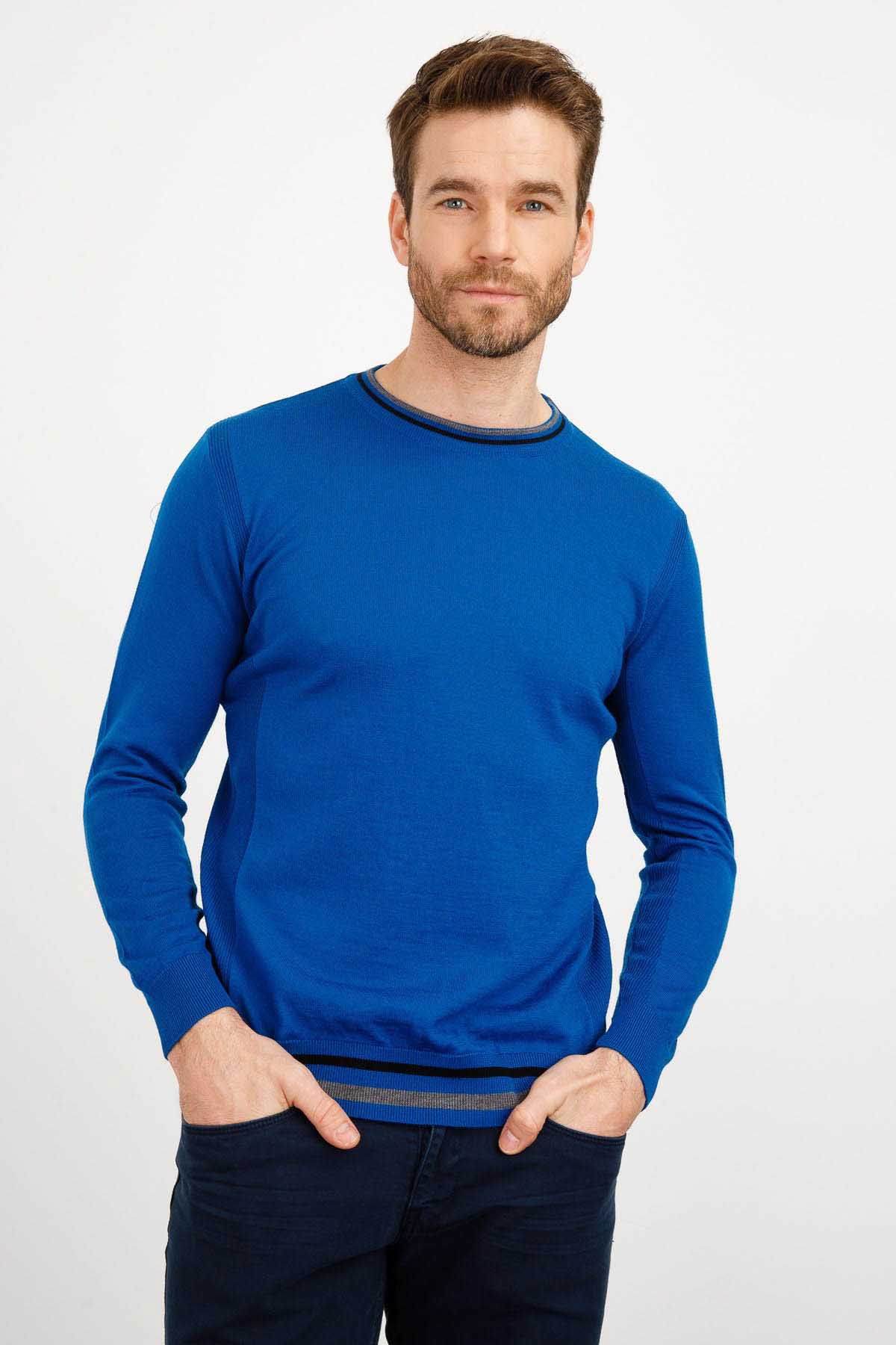 Desen Triko Erkek Yaka Kenarı Çizgili Bisiklet Yaka Yün Kazak 02421612 Saks - 3