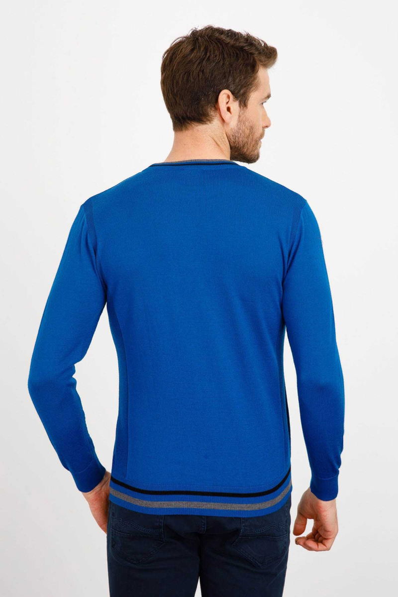 Desen Triko Erkek Yaka Kenarı Çizgili Bisiklet Yaka Yün Kazak 02421612 Saks - 5