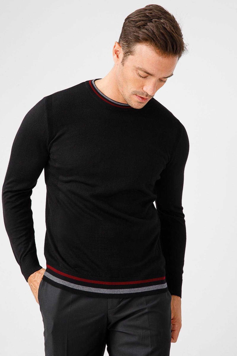 Desen Triko Erkek Yaka Kenarı Çizgili Bisiklet Yaka Yün Kazak 02421612 Siyah - Desen Triko