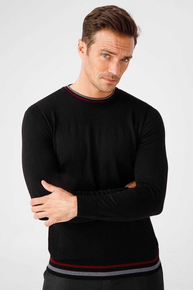 Desen Triko Erkek Yaka Kenarı Çizgili Bisiklet Yaka Yün Kazak 02421612 Siyah - 2