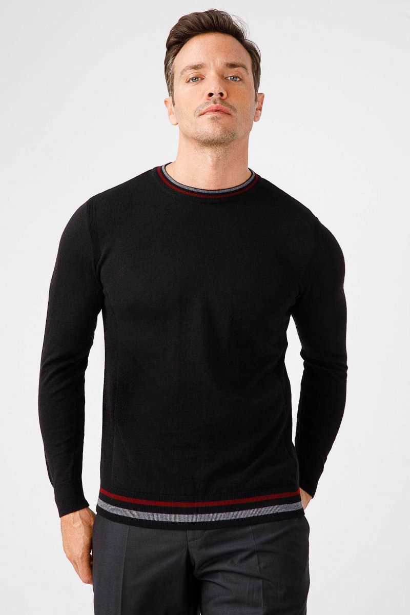 Desen Triko Erkek Yaka Kenarı Çizgili Bisiklet Yaka Yün Kazak 02421612 Siyah - 3