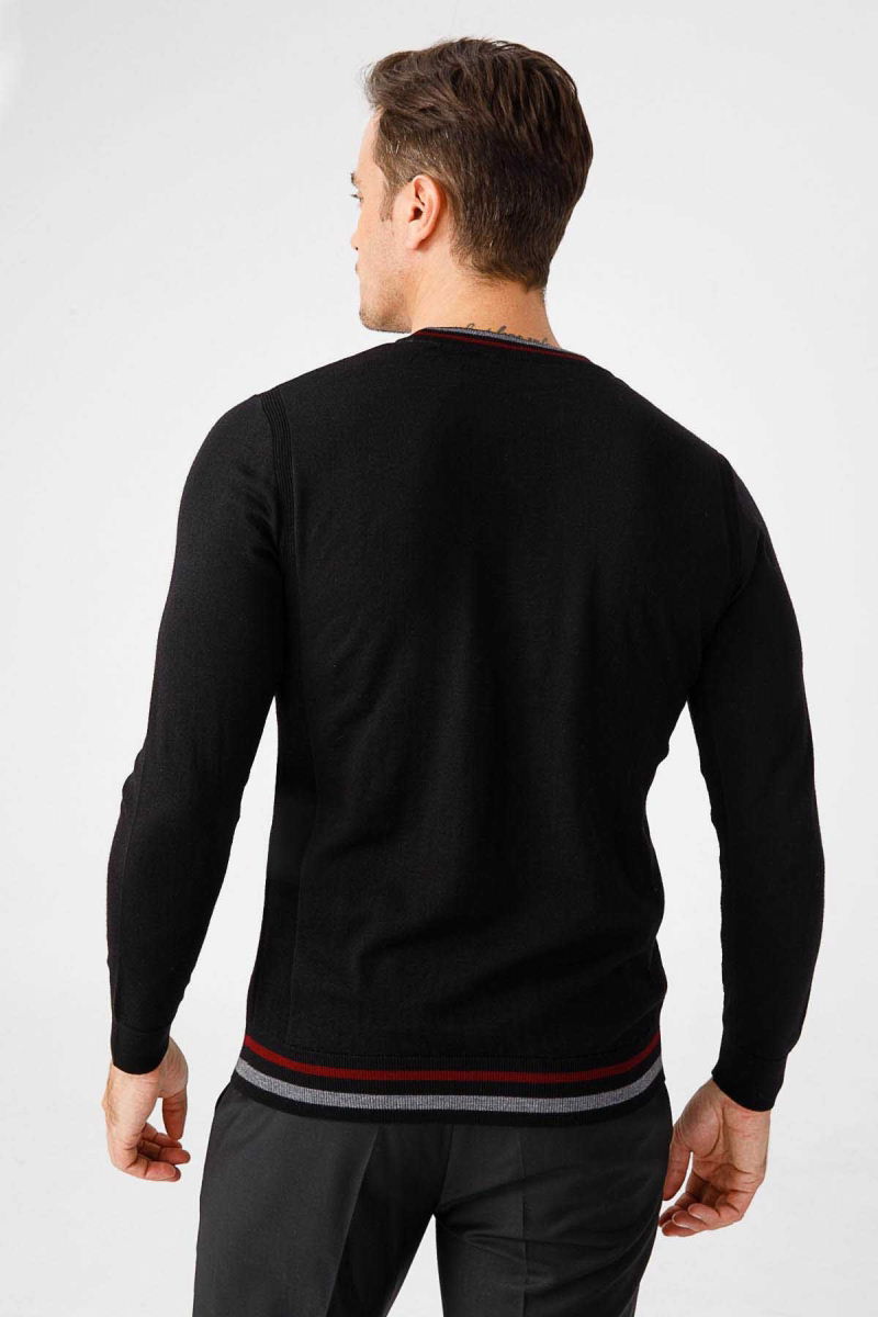 Desen Triko Erkek Yaka Kenarı Çizgili Bisiklet Yaka Yün Kazak 02421612 Siyah - 5