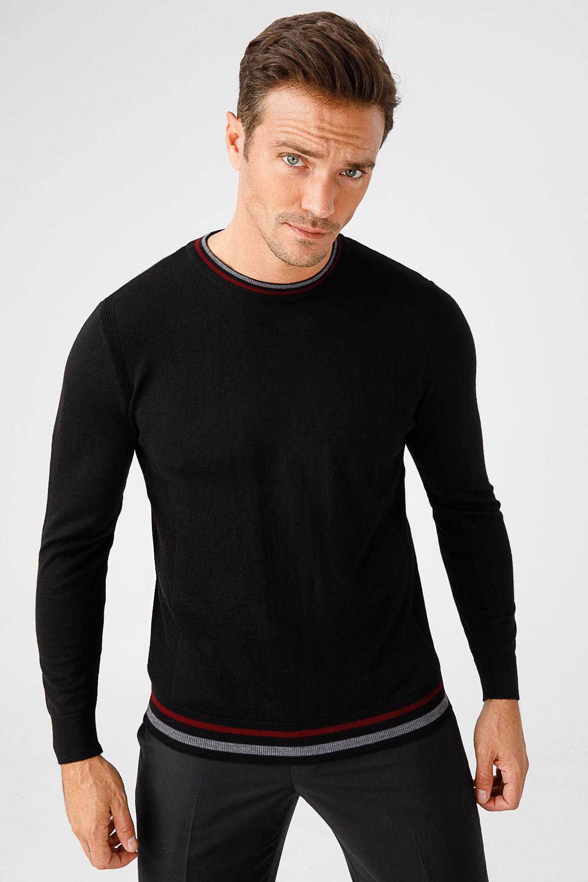 Desen Triko Erkek Yaka Kenarı Çizgili Bisiklet Yaka Yün Kazak 02421612 Siyah - 6