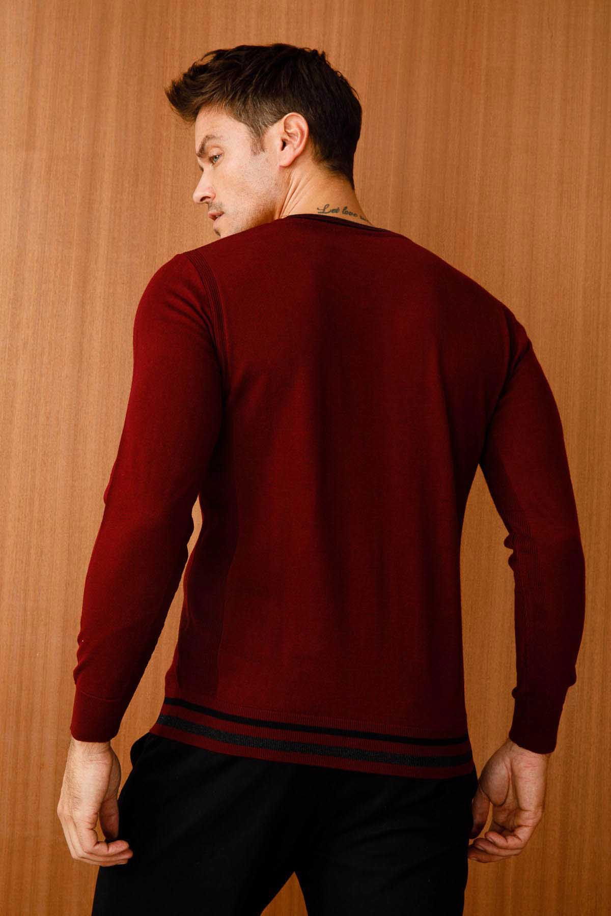 Desen Triko Erkek Yaka Kenarı Çizgili V Yaka Yün Kazak 02421613 Bordo - 4