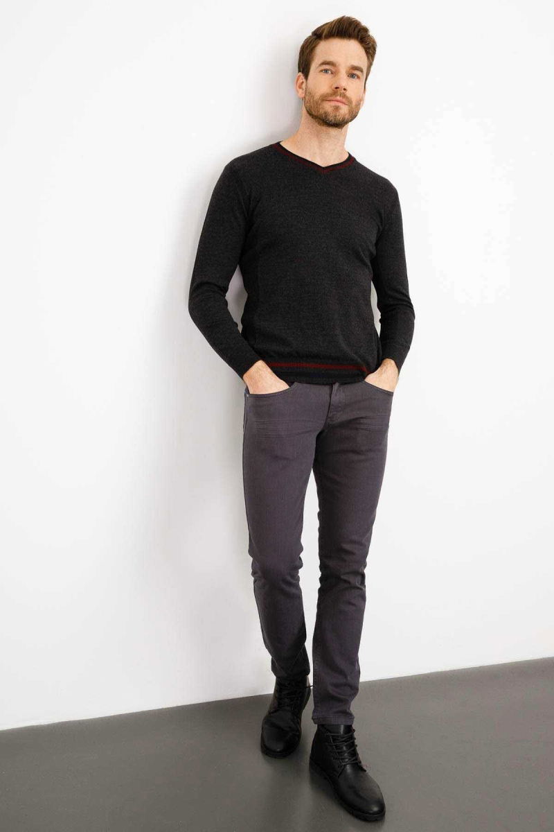 Desen Triko Erkek Yaka Kenarı Çizgili V Yaka Yün Kazak 02421613 K.Füme - 4